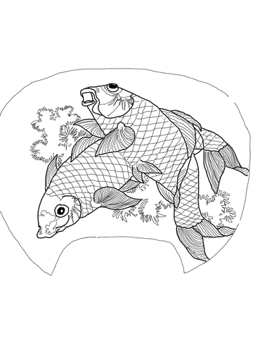 Two Carps By Katsushika Hokusai Coloring Page